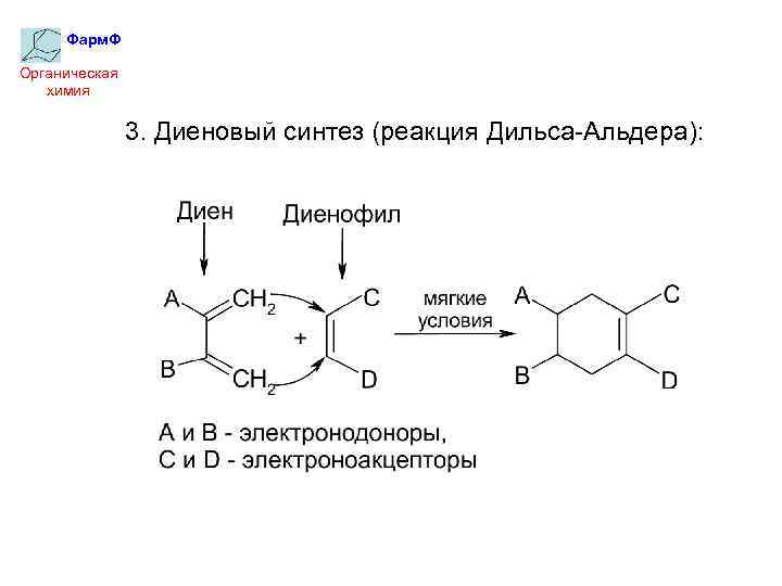 Фарм. Ф Органическая химия 3. Диеновый синтез (реакция Дильса-Альдера): 