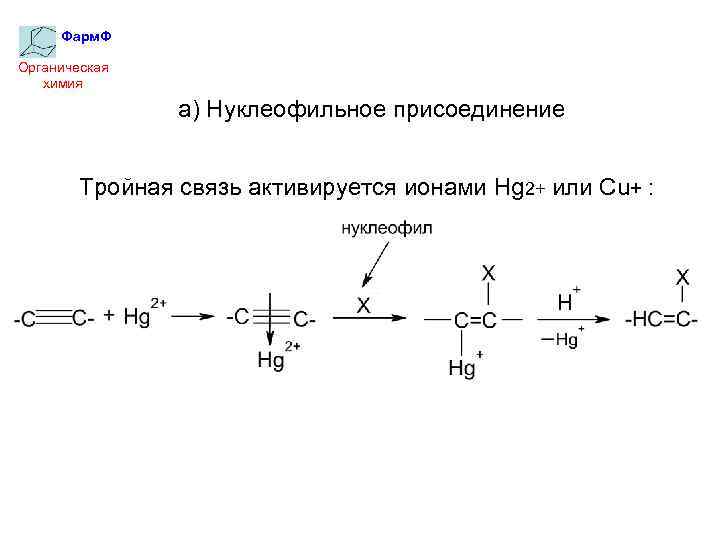 Фарм. Ф Органическая химия а) Нуклеофильное присоединение Тройная связь активируется ионами Hg 2+ или