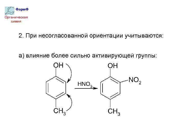 Фарм. Ф Органическая химия 2. При несогласованной ориентации учитываются: а) влияние более сильно активирующей