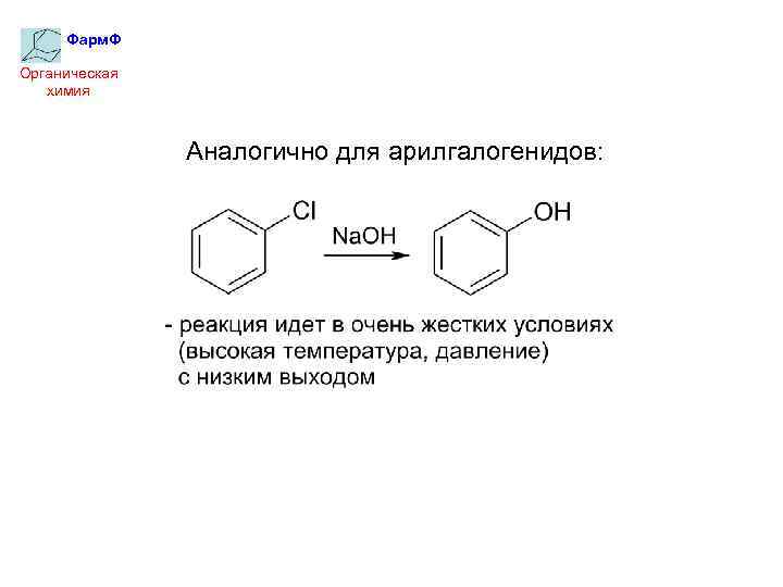 Фарм. Ф Органическая химия Аналогично для арилгалогенидов: 