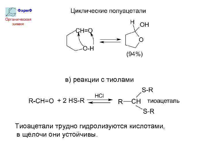 Фарм. Ф Органическая химия в) реакции с тиолами Тиоацетали трудно гидролизуются кислотами, в щелочи