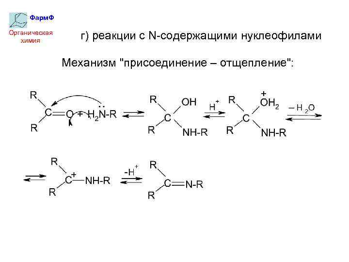 Фарм. Ф Органическая химия г) реакции с N-содержащими нуклеофилами Механизм 