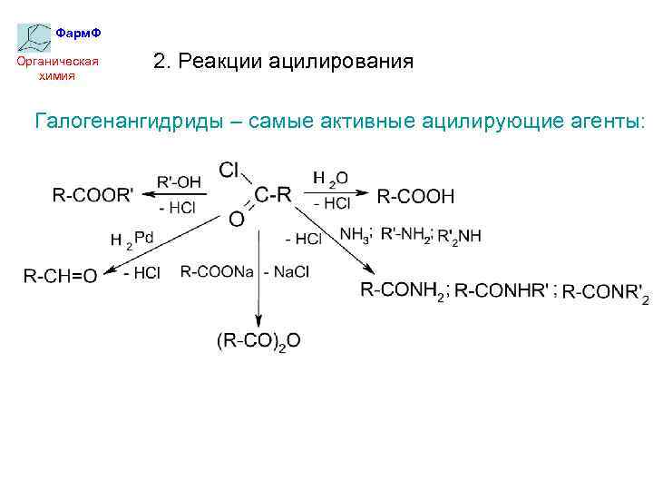 Фарм. Ф Органическая химия 2. Реакции ацилирования Галогенангидриды – самые активные ацилирующие агенты: 