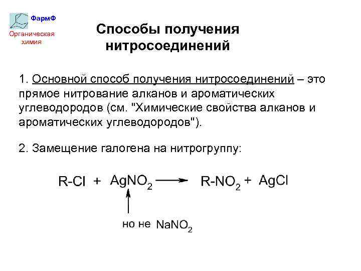 Фарм. Ф Органическая химия Способы получения нитросоединений 1. Основной способ получения нитросоединений – это
