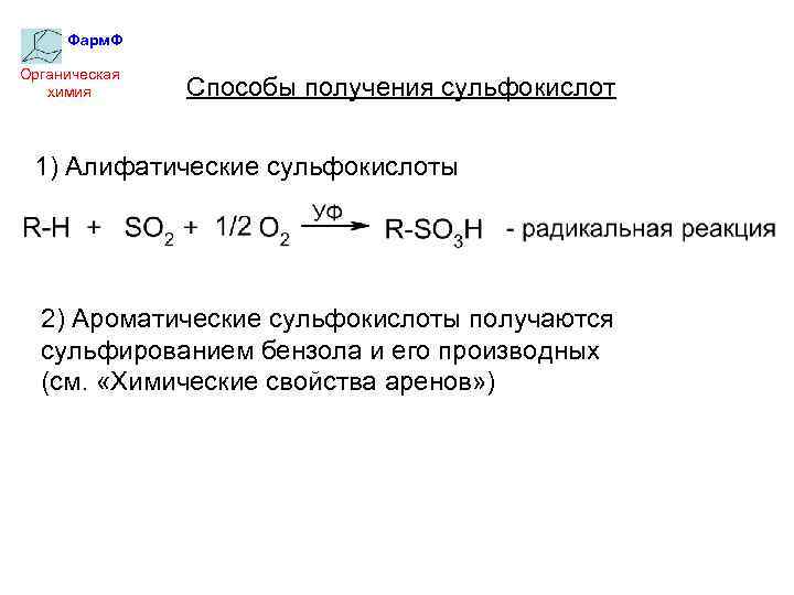 Фарм. Ф Органическая химия Способы получения сульфокислот 1) Алифатические сульфокислоты 2) Ароматические сульфокислоты получаются