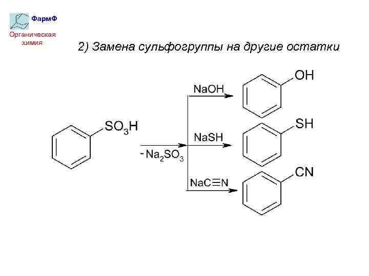 Фарм. Ф Органическая химия 2) Замена сульфогруппы на другие остатки 