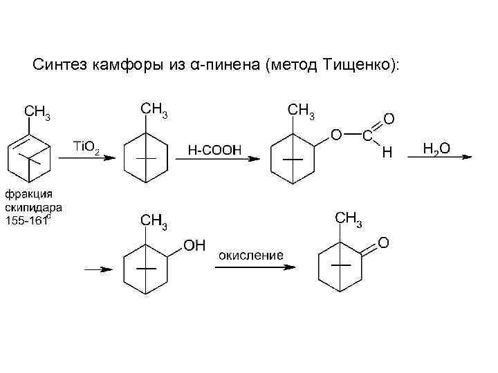 Синтез камфоры из α-пинена (метод Тищенко): 