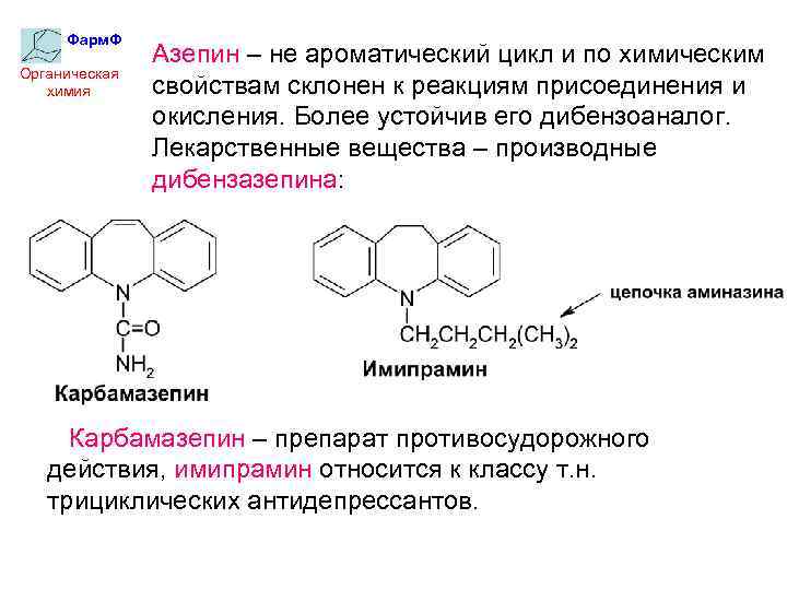 Фарм. Ф Органическая химия Азепин – не ароматический цикл и по химическим свойствам склонен