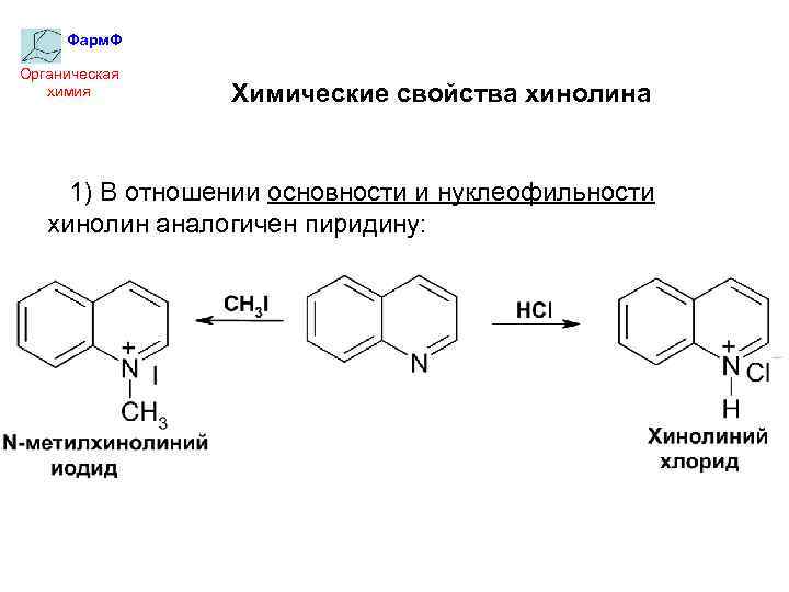Фарм. Ф Органическая химия Химические свойства хинолина 1) В отношении основности и нуклеофильности хинолин