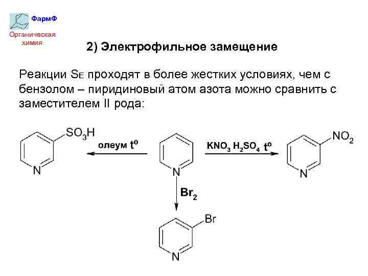 Фарм. Ф Органическая химия 2) Электрофильное замещение Реакции SE проходят в более жестких условиях,