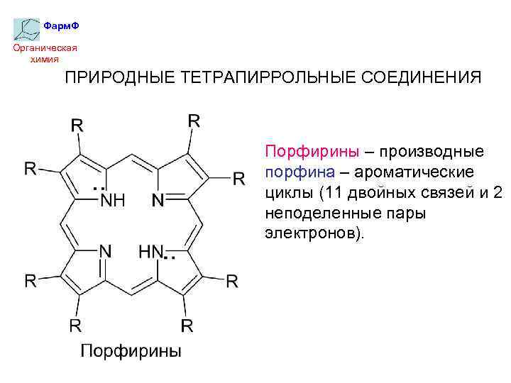 Фарм. Ф Органическая химия ПРИРОДНЫЕ ТЕТРАПИРРОЛЬНЫЕ СОЕДИНЕНИЯ Порфирины – производные порфина – ароматические циклы