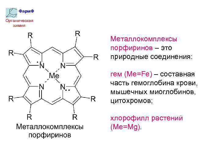Фарм. Ф Органическая химия Металлокомплексы порфиринов – это природные соединения: гем (Me=Fe) – составная