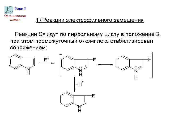 Фарм. Ф Органическая химия 1) Реакции электрофильного замещения Реакции SE идут по пиррольному циклу