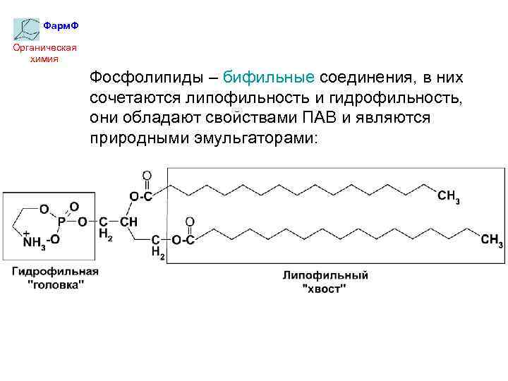Фарм. Ф Органическая химия Фосфолипиды – бифильные соединения, в них сочетаются липофильность и гидрофильность,