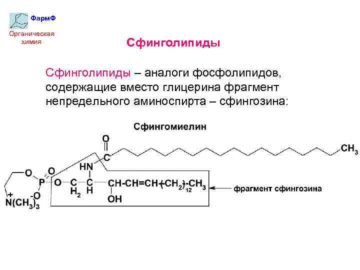 Фарм. Ф Органическая химия Сфинголипиды – аналоги фосфолипидов, содержащие вместо глицерина фрагмент непредельного аминоспирта