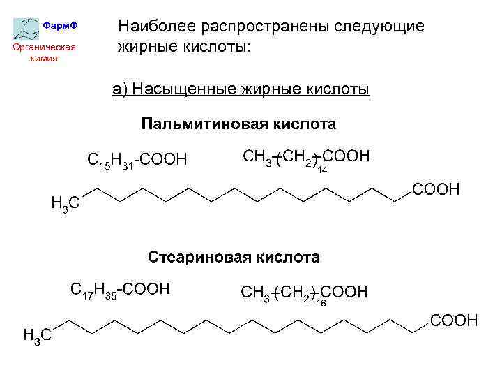 Фарм. Ф Органическая химия Наиболее распространены следующие жирные кислоты: а) Насыщенные жирные кислоты 