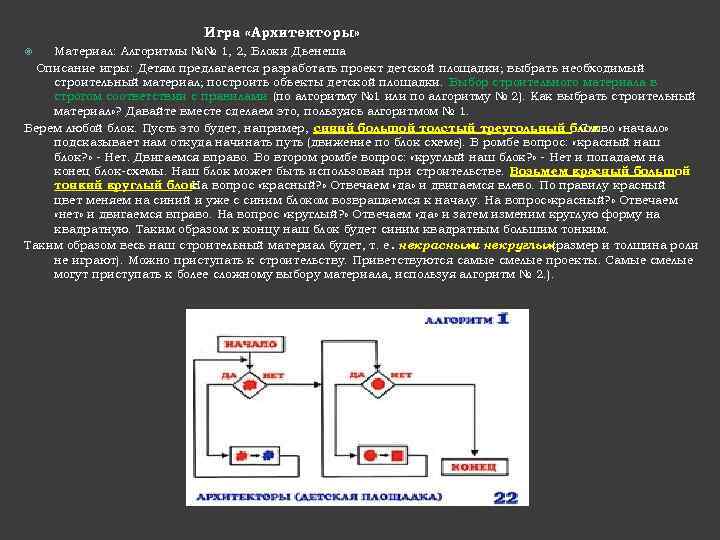 Игра «Архитекторы» Материал: Алгоритмы №№ 1, 2, Блоки Дьенеша Описание игры: Детям предлагается разработать