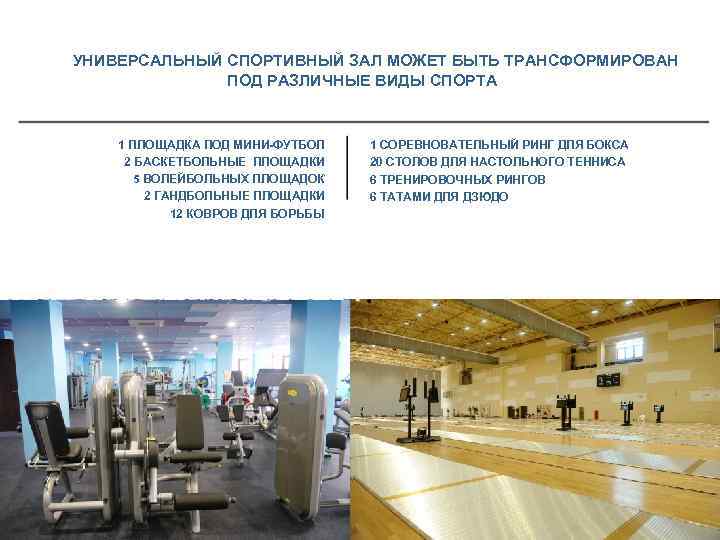  УНИВЕРСАЛЬНЫЙ СПОРТИВНЫЙ ЗАЛ МОЖЕТ БЫТЬ ТРАНСФОРМИРОВАН ПОД РАЗЛИЧНЫЕ ВИДЫ СПОРТА 1 ПЛОЩАДКА ПОД