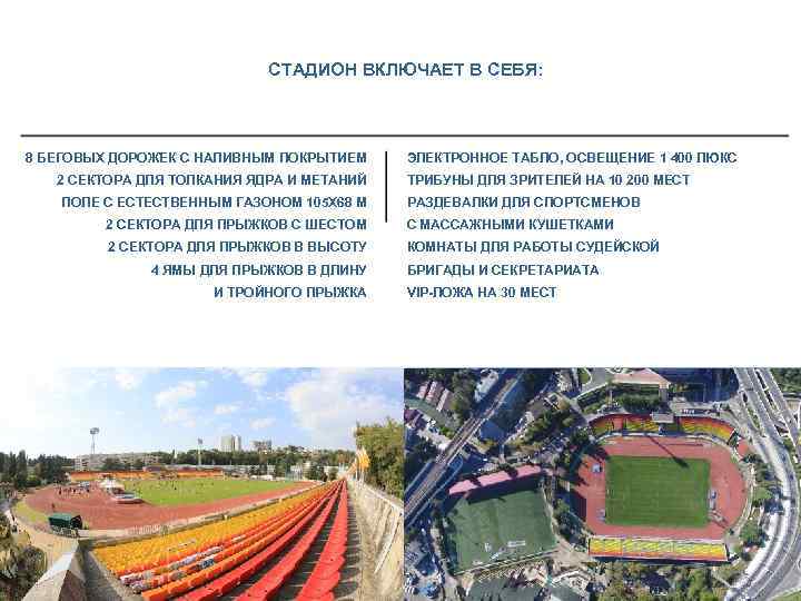 СТАДИОН ВКЛЮЧАЕТ В СЕБЯ: 8 БЕГОВЫХ ДОРОЖЕК С НАЛИВНЫМ ПОКРЫТИЕМ 2 СЕКТОРА ДЛЯ ТОЛКАНИЯ