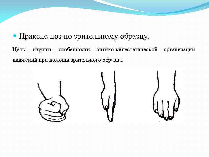  Праксис поз по зрительному образцу. Цель: изучить особенности оптико-кинестетической организации движений при помощи