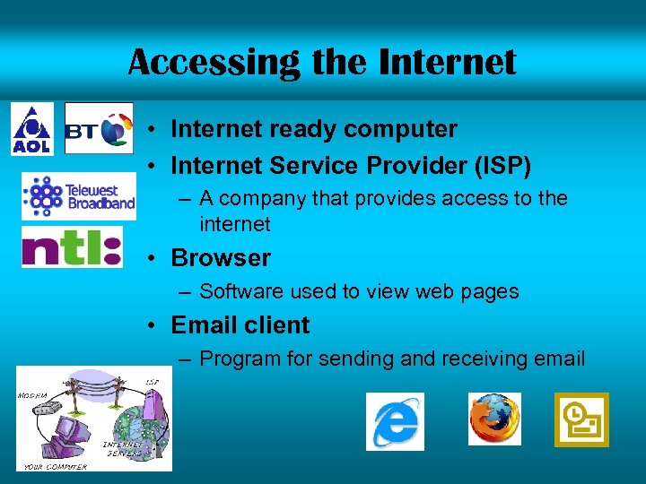 Accessing the Internet • Internet ready computer • Internet Service Provider (ISP) – A