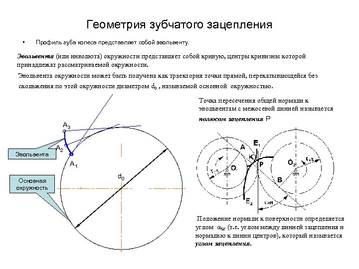 Геометрия зубчатого зацепления • Профиль зуба колеса представляет собой эвольвенту. Эвольвента (или инволюта) окружности