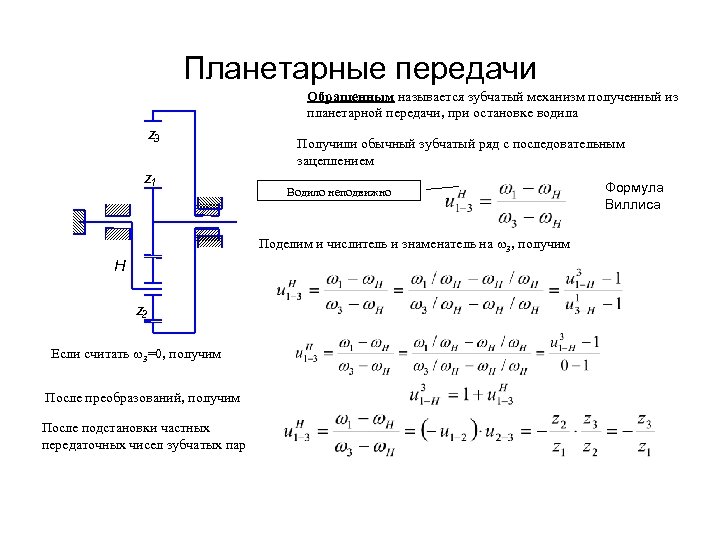 Планетарные передачи Обращенным называется зубчатый механизм полученный из планетарной передачи, при остановке водила z