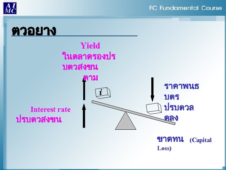 ตวอยาง Yield ในตลาดรองปร บตวสงขน ตาม i Interest rate ปรบตวสงขน ราคาพนธ บตร ปรบตวล ดลง ขาดทน