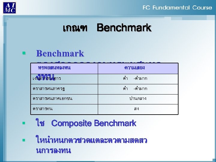 เกณฑ Benchmark § Benchmark ตองสอดคลองกบทรพยสนทลงทน ความเสยง ตำ -ตำมาก เงนฝากธนาคาร งทน ตราสารหนภาครฐ ตราสารหนภาคเอกชน ตราสารทน ตำ