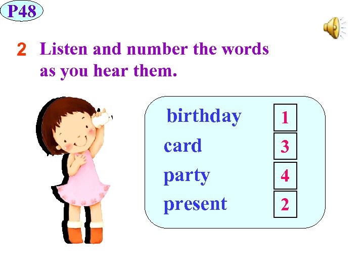 P 48 2 Listen and number the words as you hear them. birthday card