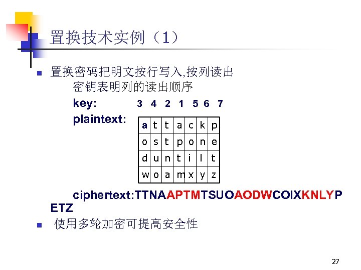 置换技术实例（1） n 置换密码把明文按行写入, 按列读出 密钥表明列的读出顺序 key: 3 4 2 1 5 6 7 plaintext: