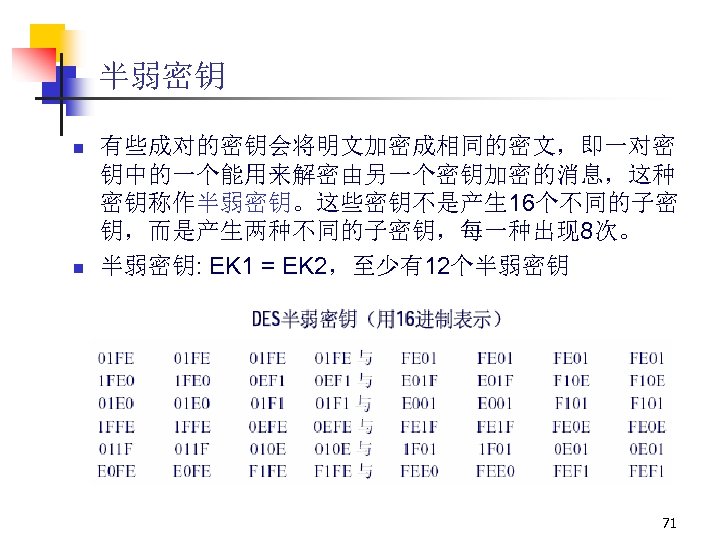 半弱密钥 n n 有些成对的密钥会将明文加密成相同的密文，即一对密 钥中的一个能用来解密由另一个密钥加密的消息，这种 密钥称作半弱密钥。这些密钥不是产生 16个不同的子密 钥，而是产生两种不同的子密钥，每一种出现 8次。 半弱密钥: EK 1 = EK