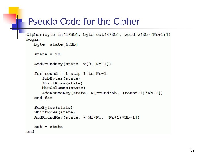 Pseudo Code for the Cipher 82 
