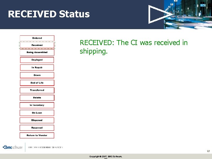 RECEIVED Status RECEIVED: The CI was received in shipping. 23 Copyright © 2007, BMC