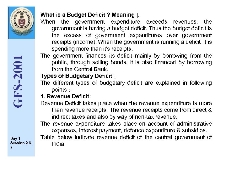 GFS-2001 Day 1 Session 2 & 3 What is a Budget Deficit ? Meaning