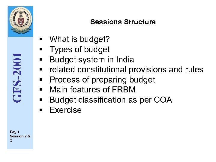 GFS-2001 Sessions Structure Day 1 Session 2 & 3 § § § § What