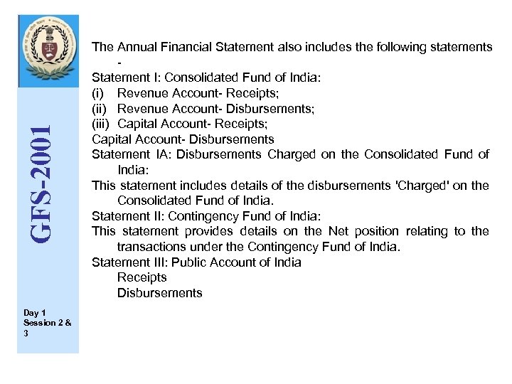 GFS-2001 Day 1 Session 2 & 3 The Annual Financial Statement also includes the