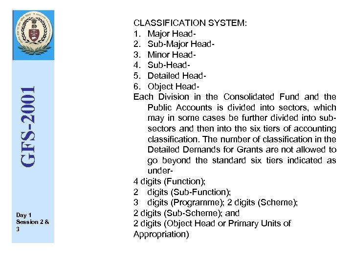 GFS-2001 Day 1 Session 2 & 3 CLASSIFICATION SYSTEM: 1. Major Head 2. Sub