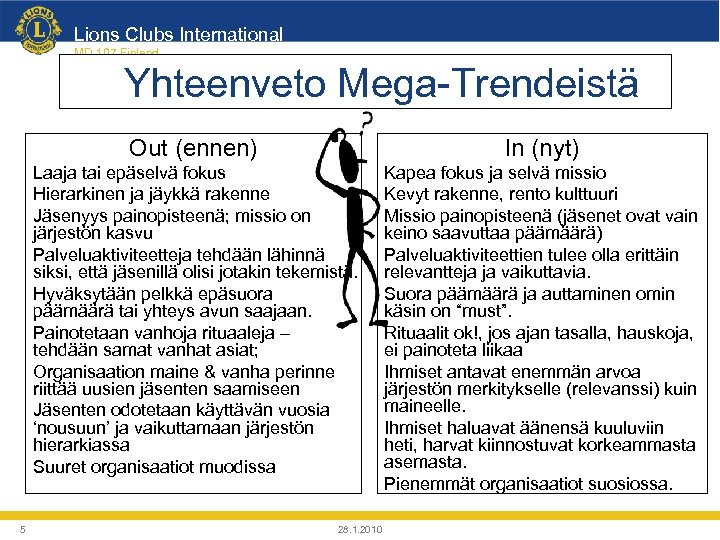 Lions Clubs International MD 107 Finland Yhteenveto Mega-Trendeistä Out (ennen) Laaja tai epäselvä fokus