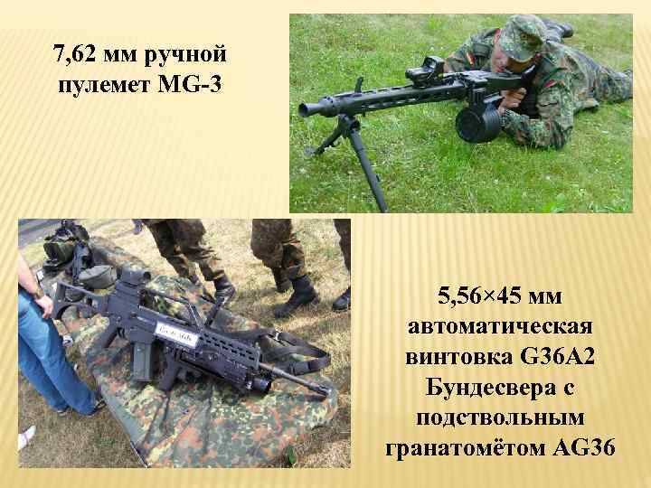 7, 62 мм ручной пулемет MG-3 5, 56× 45 мм автоматическая винтовка G 36