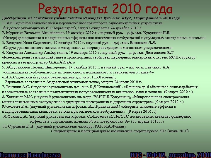 Результаты 2010 года Диссертации на соискание ученой степени кандидата физ. -мат. наук, защищенные в