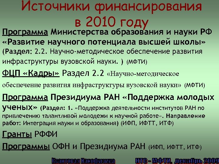 Источники финансирования в 2010 году Программа Министерства образования и науки РФ «Развитие научного потенциала