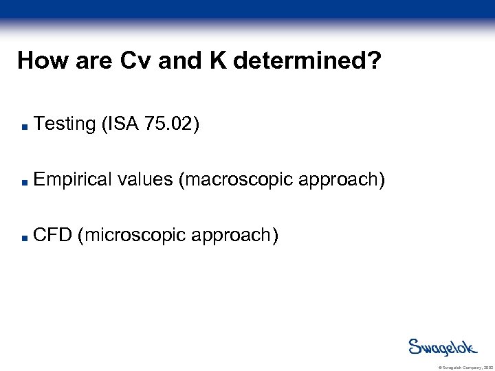 How are Cv and K determined? Testing (ISA 75. 02) Empirical values (macroscopic approach)