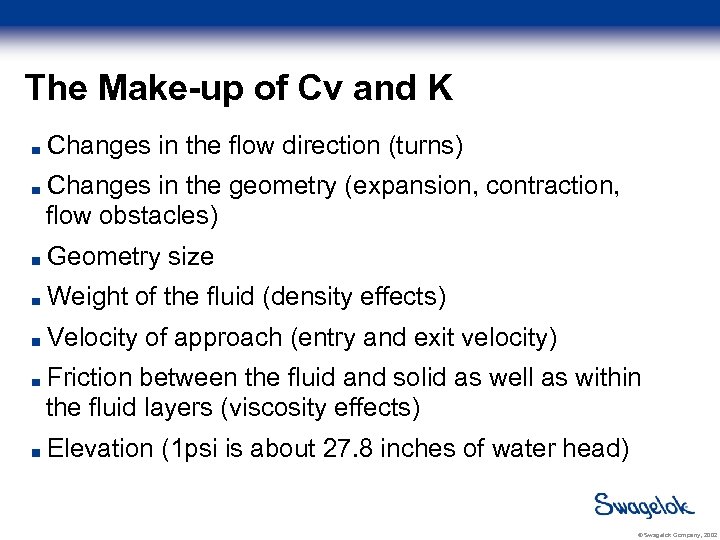 The Make-up of Cv and K Changes in the flow direction (turns) Changes in