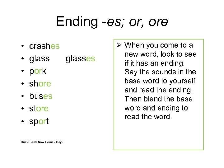 Ending -es; or, ore • • crashes glasses pork shore buses store sport Unit