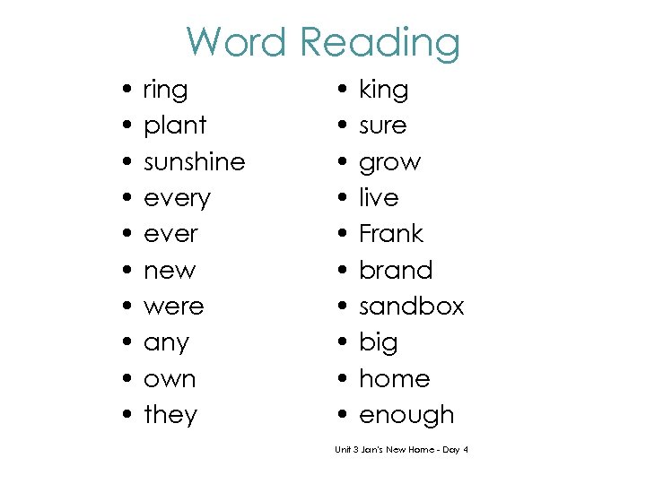 Word Reading • • • ring plant sunshine every ever new were any own