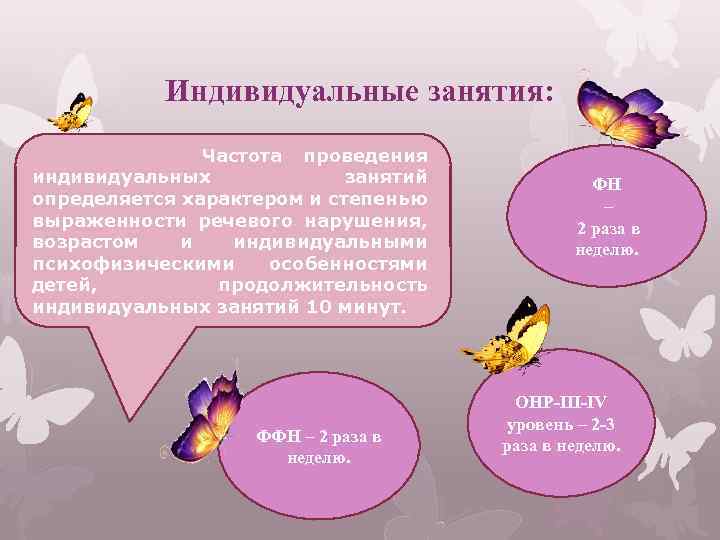 Индивидуальные занятия: Частота проведения индивидуальных занятий определяется характером и степенью выраженности речевого нарушения, возрастом