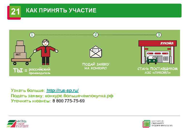 21 КАК ПРИНЯТЬ УЧАСТИЕ Узнать больше: http: //rus-sp. ru/ Подать заявку: конкурс. большечемпокупка. рф