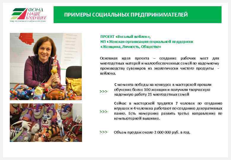 ПРИМЕРЫ СОЦИАЛЬНЫХ ПРЕДПРИНИМАТЕЛЕЙ ПРОЕКТ «Веселый войлок» , НП «Женская организация социальной поддержки «Женщина, Личность,