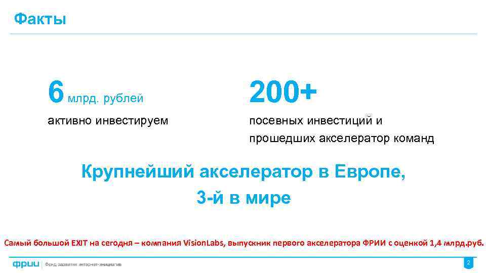 Факты 6 млрд. рублей активно инвестируем 200+ посевных инвестиций и прошедших акселератор команд Крупнейший